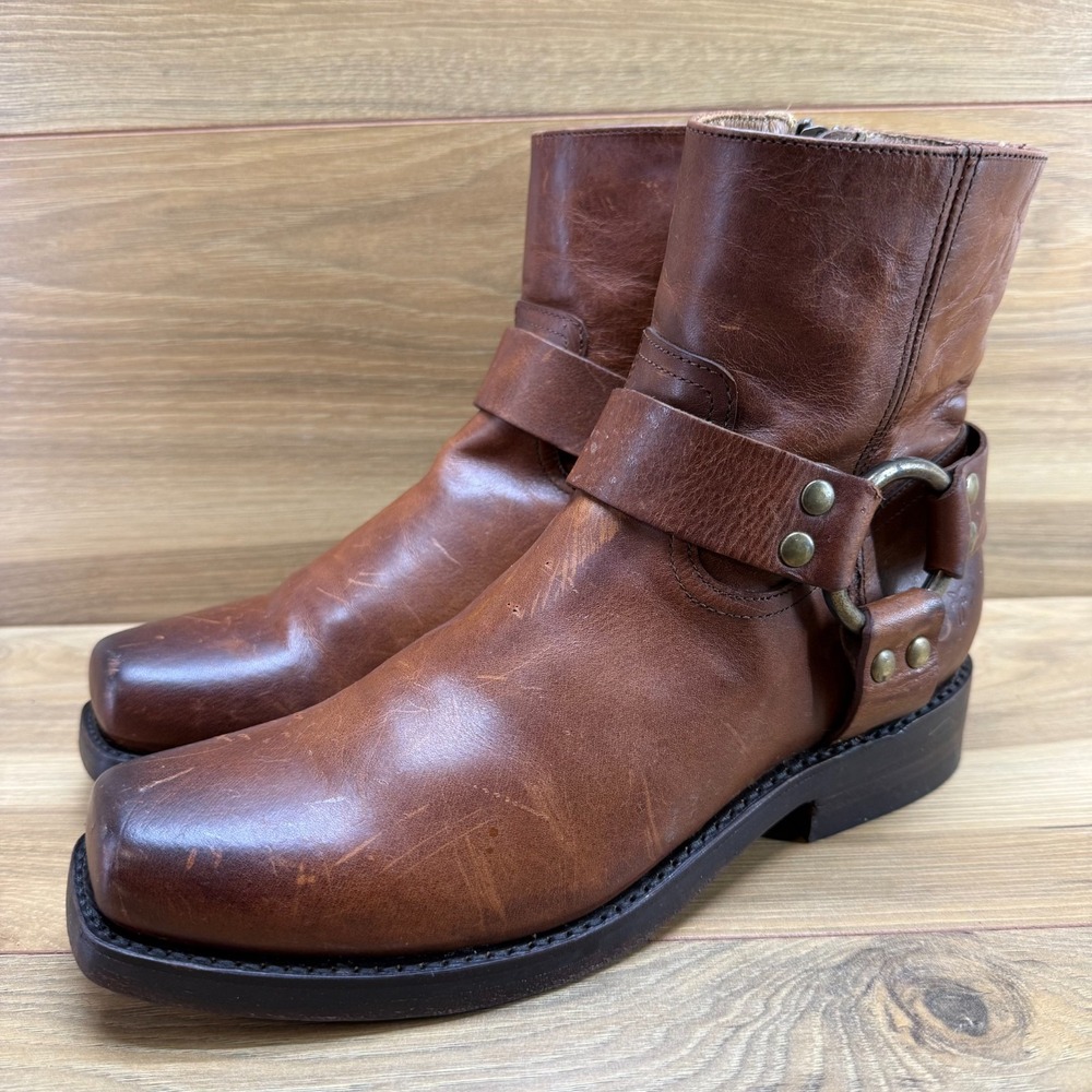 FRYE Ryder Harness Ankle Boots Womens 8.5 Caramel Brown Leather Square Toe Zip